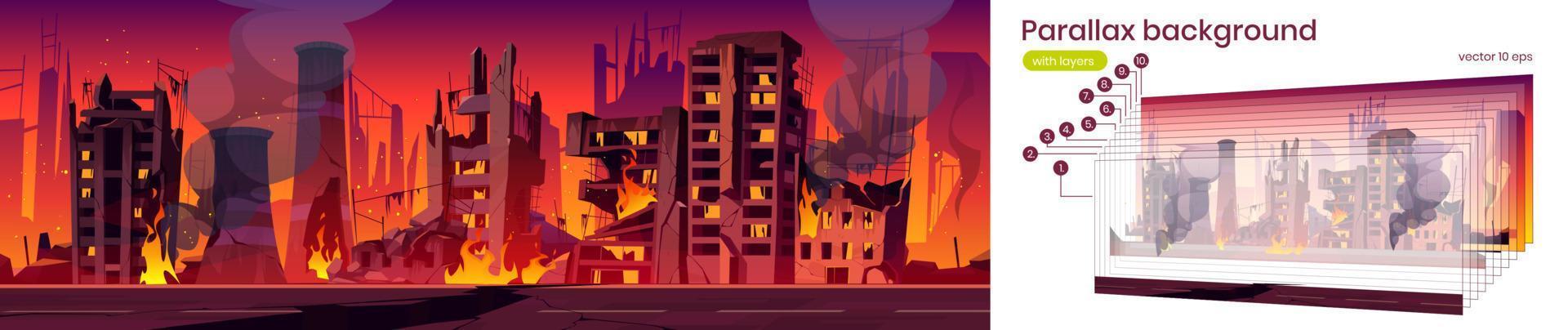 Parallax background city in fire, war destroy vector