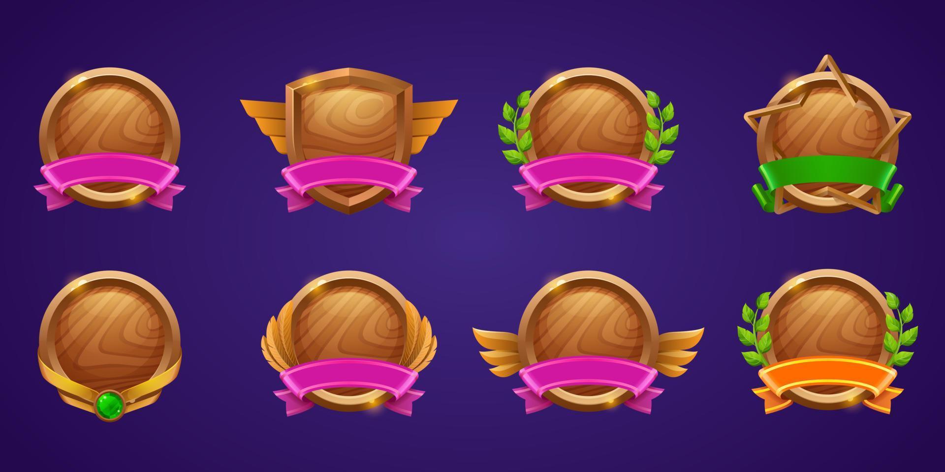 Set of game level ui icons, empty wooden shields vector