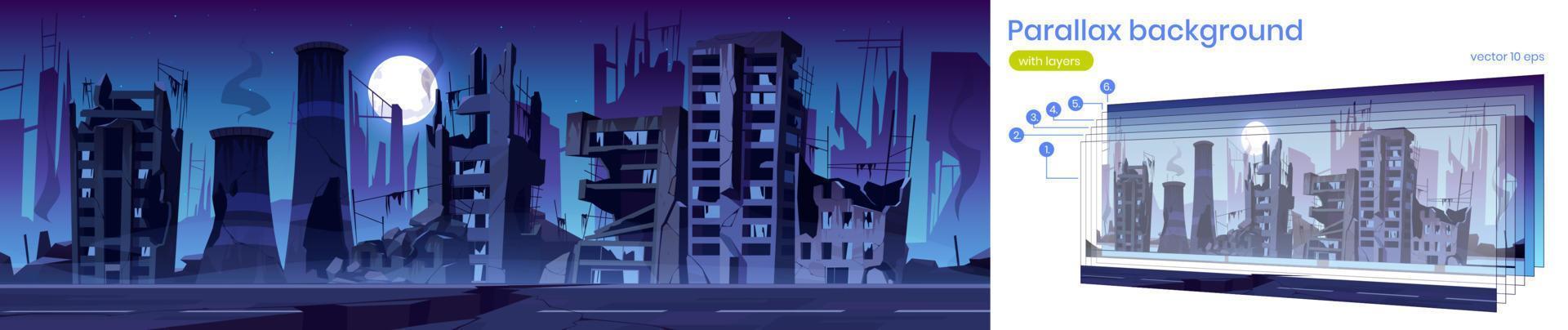 Parallax background with destroyed city street vector