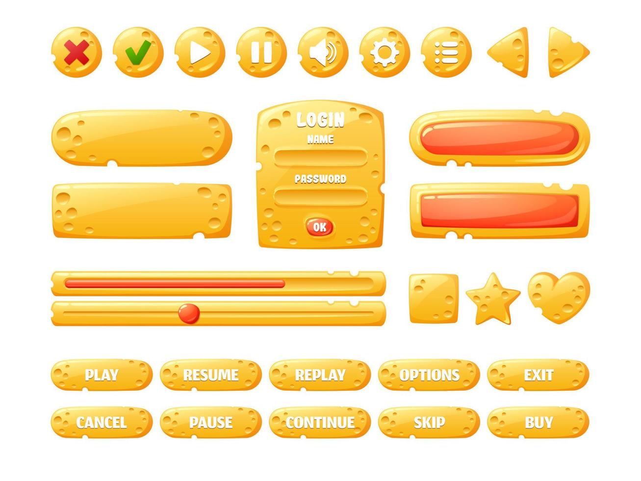 Cheese game ui buttons, cartoon menu interface vector