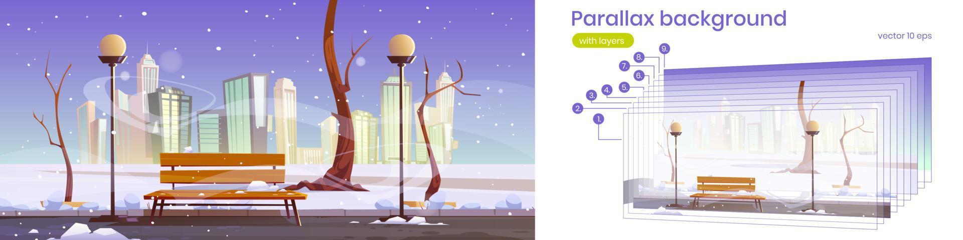 fondo de paralaje con parque de la ciudad de invierno vector