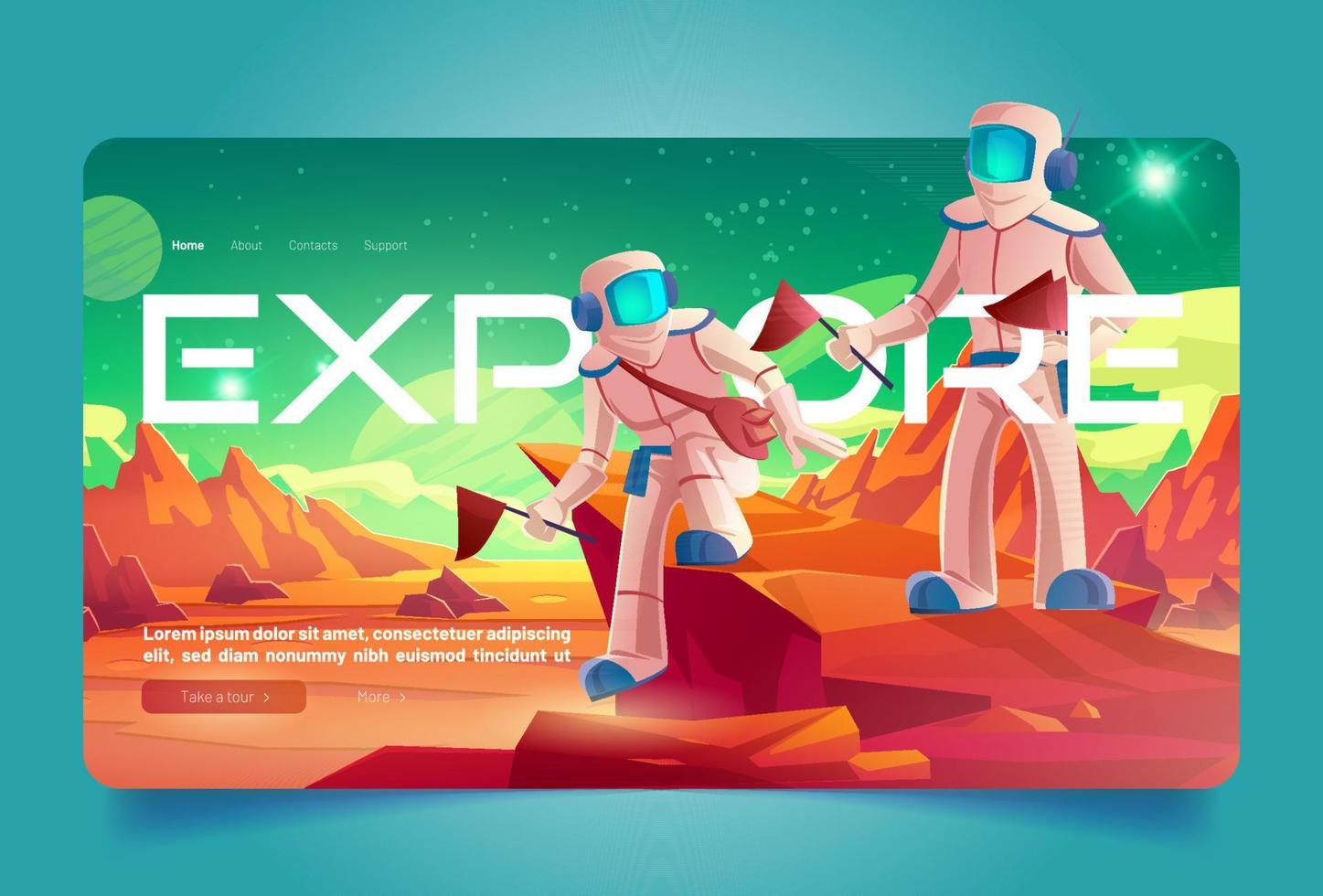 Space explore cartoon landing page, astronaut vector