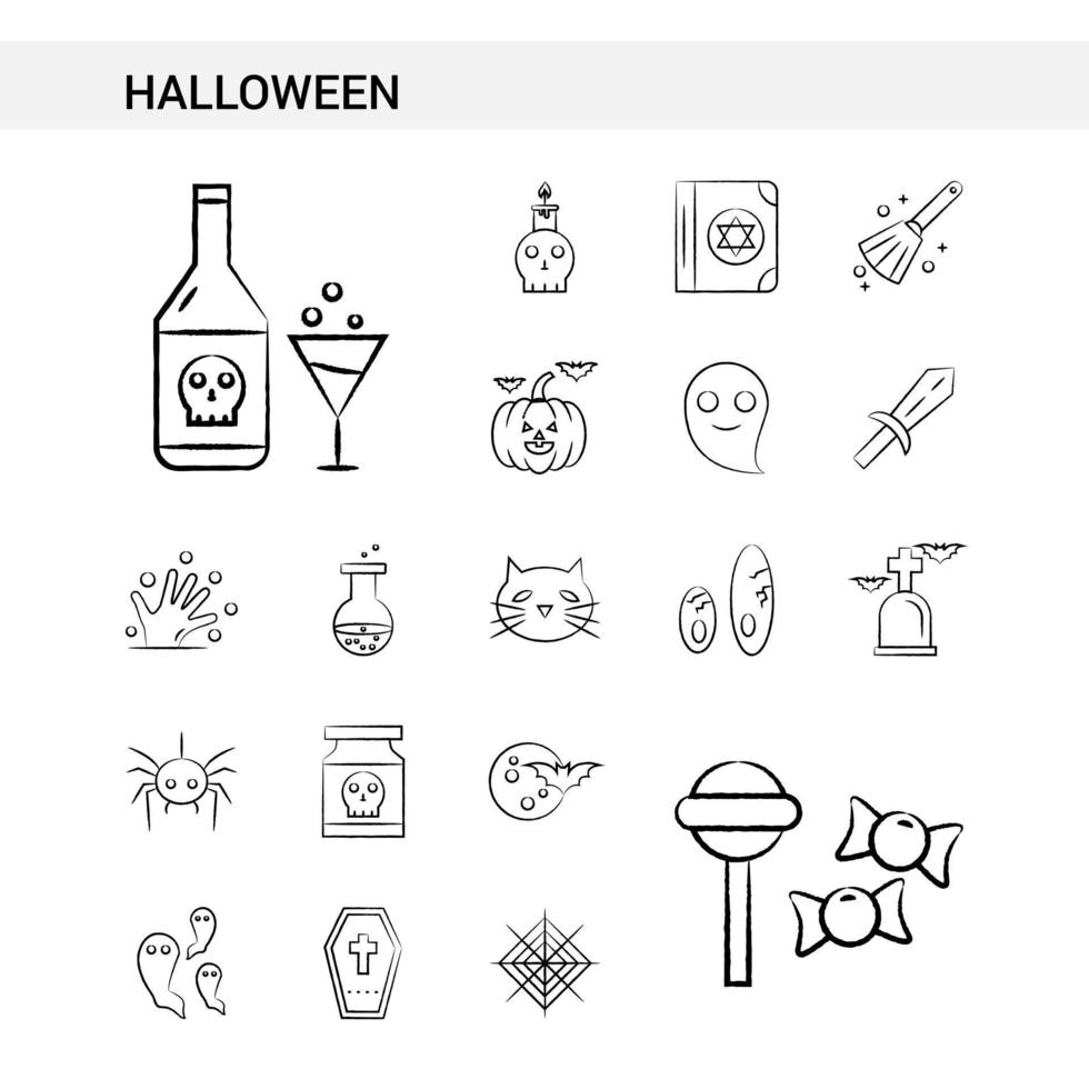 estilo de conjunto de iconos dibujados a mano de halloween aislado en vector de fondo blanco