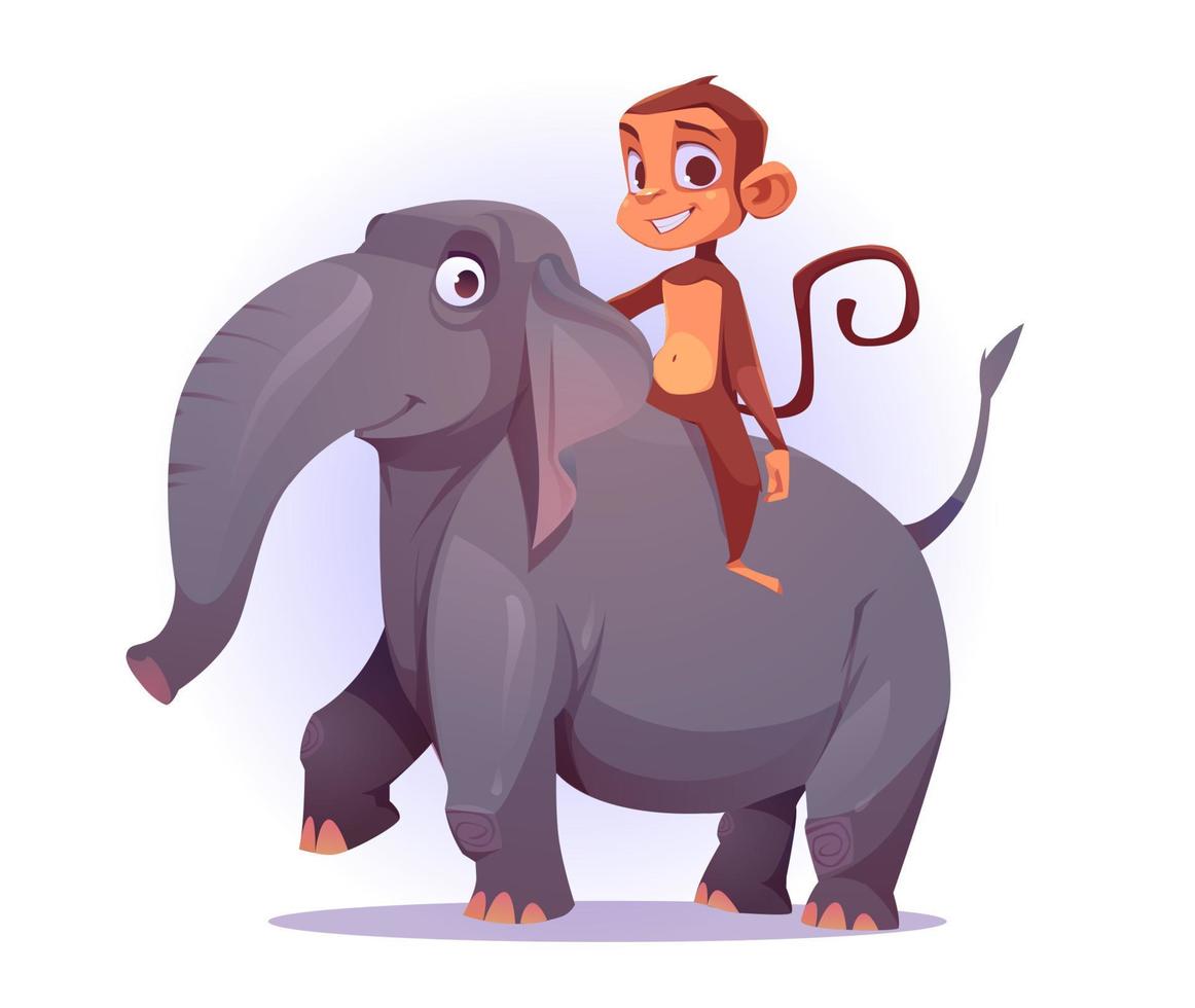 Monkey riding on elephant back, cartoon characters vector