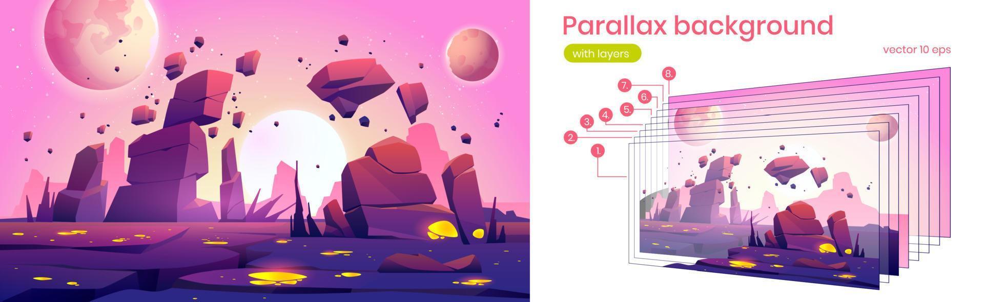 Parallax background with alien planet landscape vector