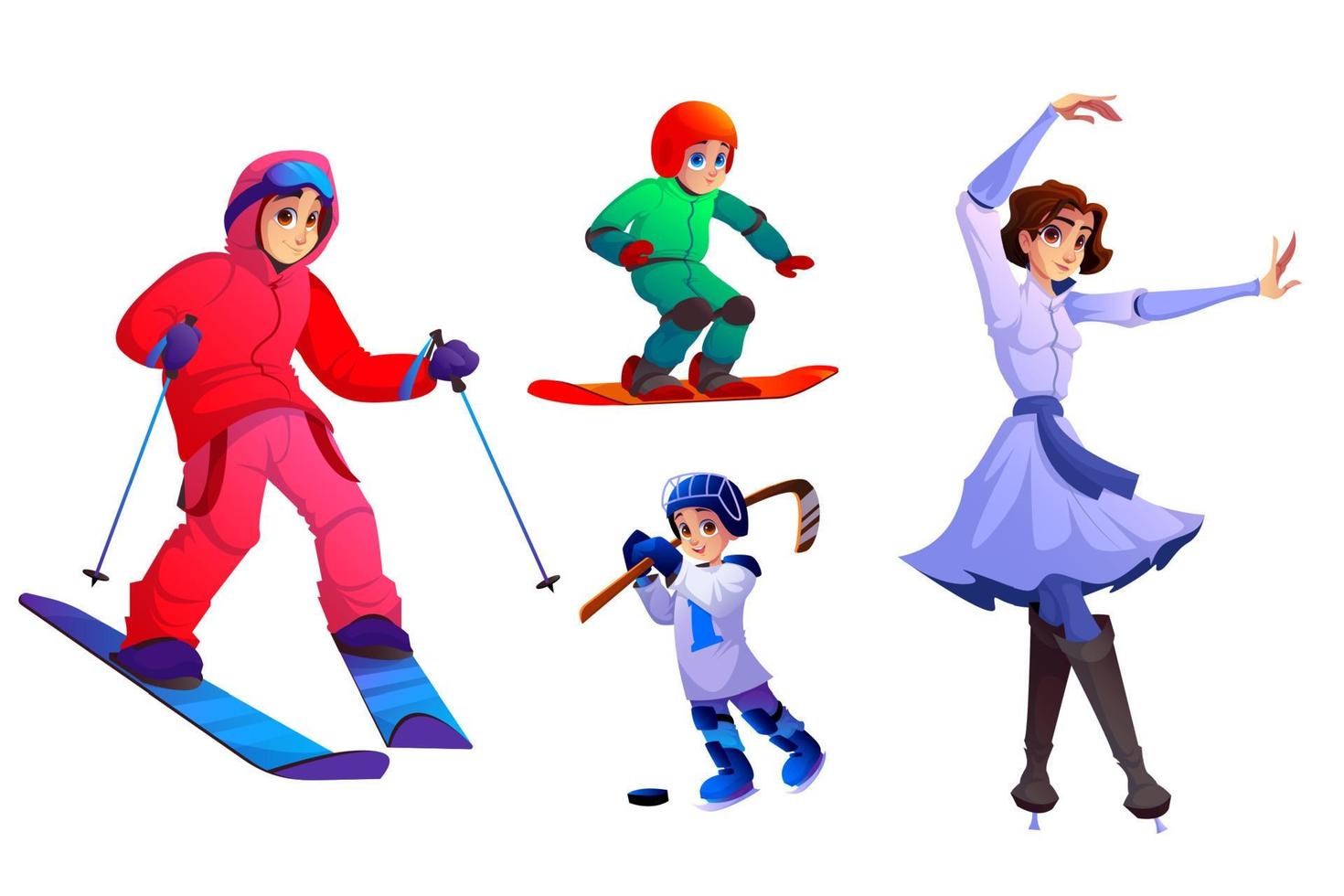 People with ski, snowboard and skates vector