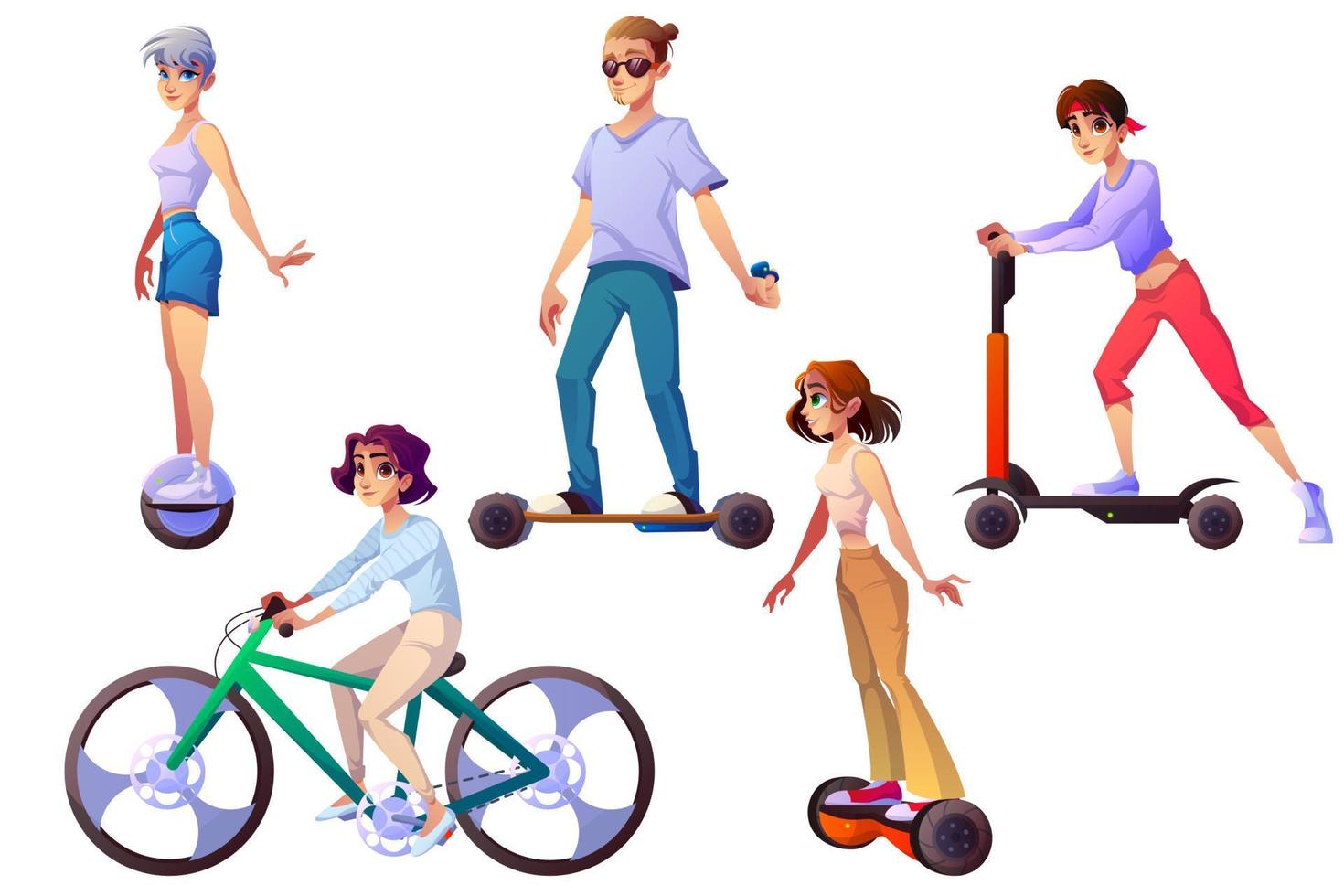 Set of people riding ecology transport, dwellers vector