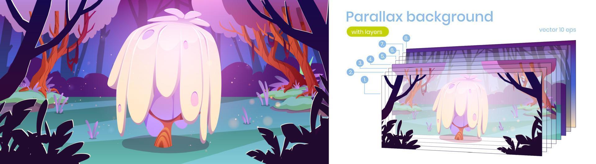 fondo de paralaje con árbol de fantasía en el bosque vector