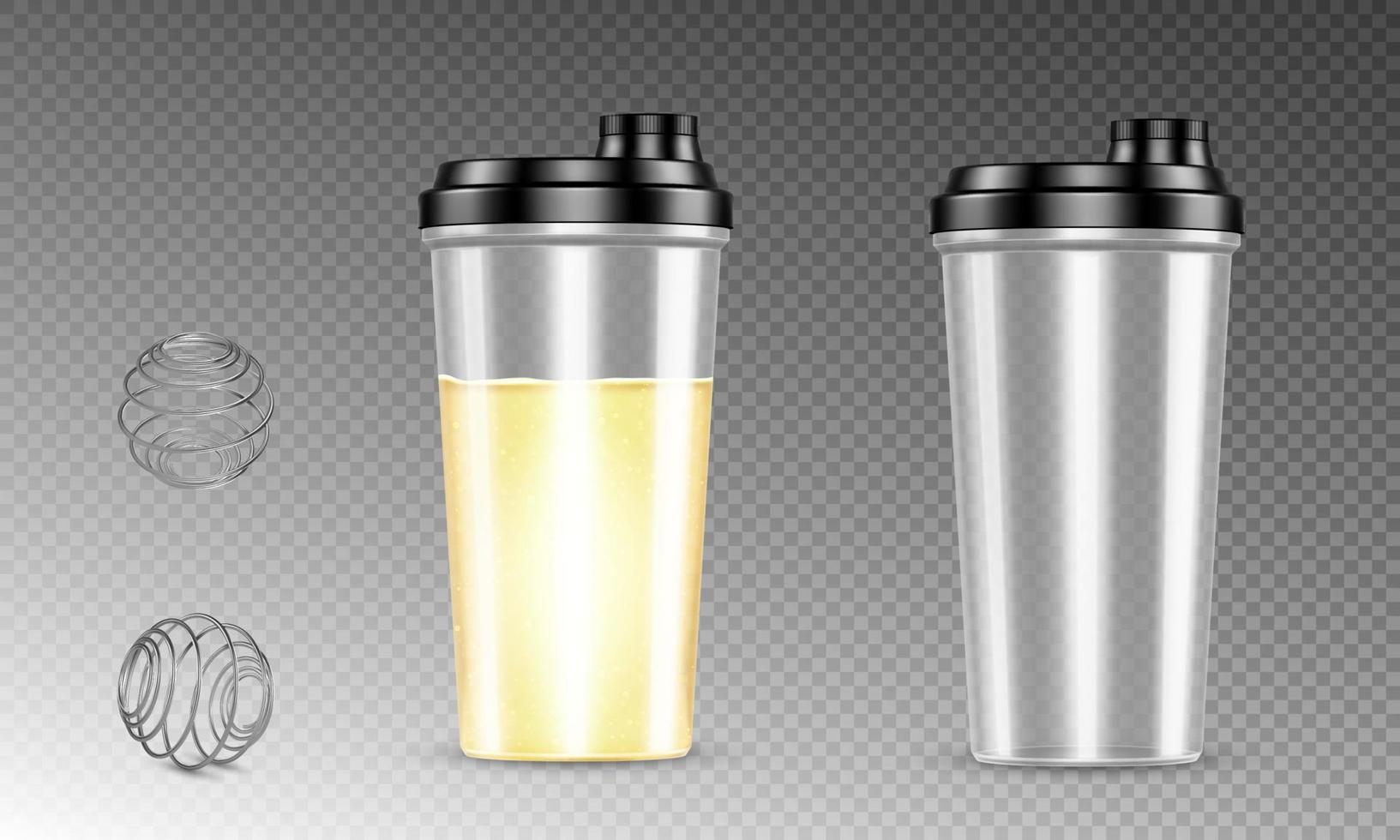 Protein shaker, blender balls, full and empty cups vector