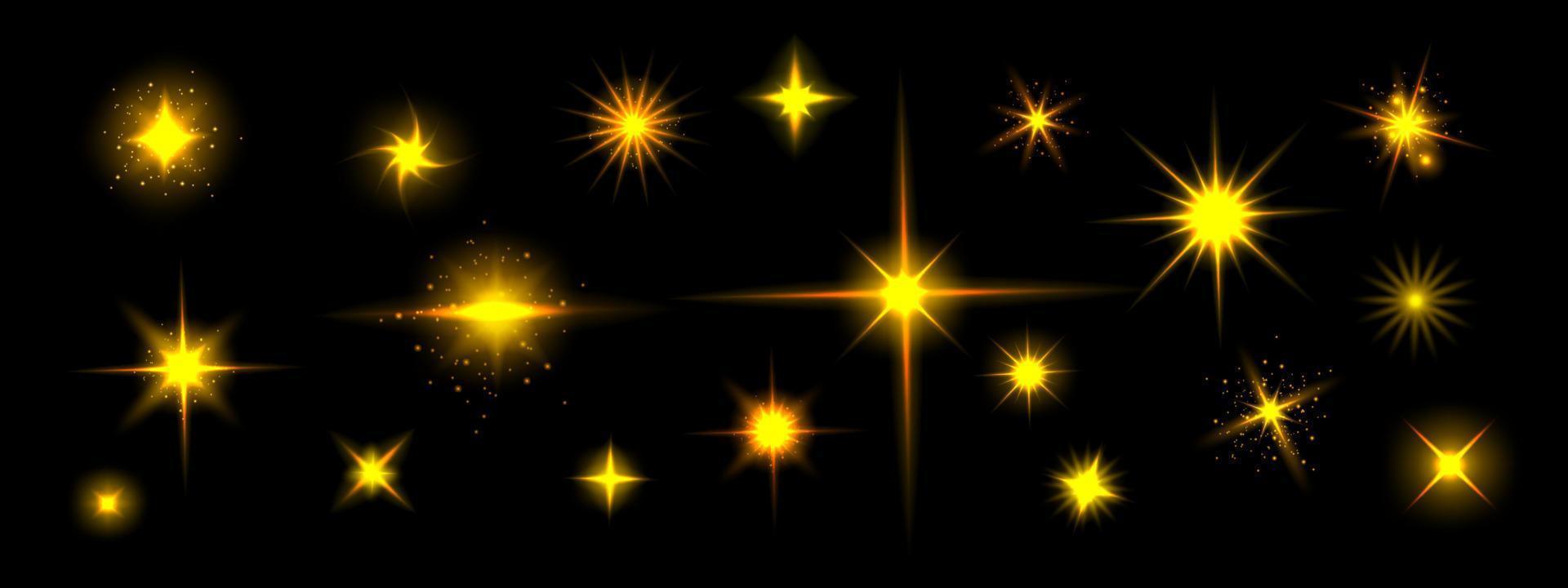 Golden star shine effects, yellow flash lights vector