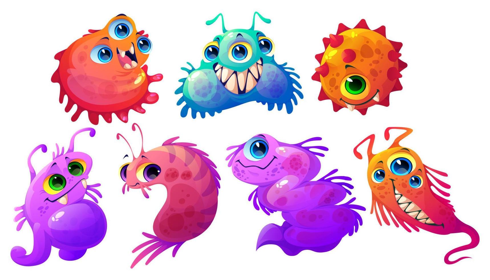 dibujos animados lindos gérmenes, virus, microbios y bacterias vector