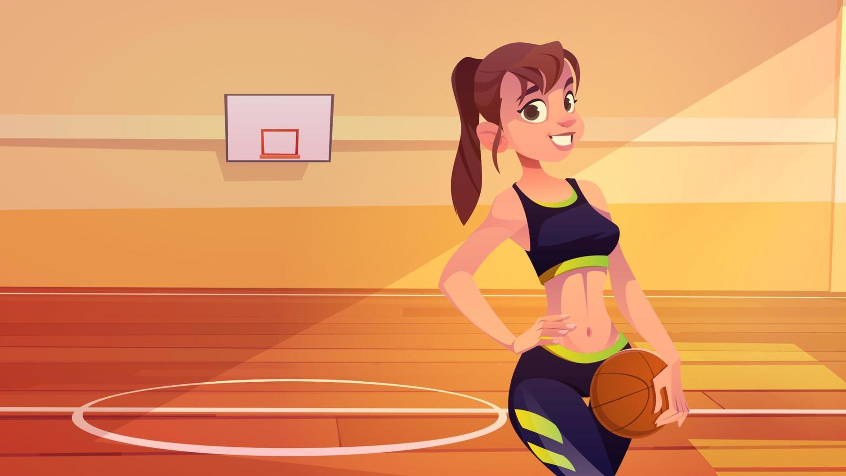 chica jugadora de baloncesto posando en una cancha cubierta vector