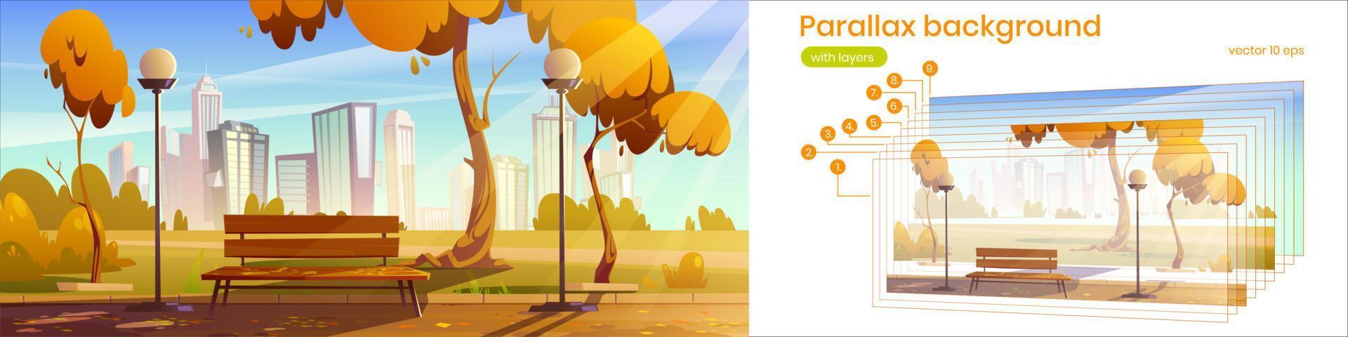 fondo de paralaje con parque de la ciudad en otoño vector