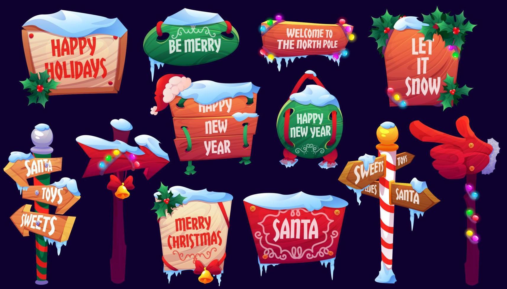 letreros navideños, letreros de madera con nieve, set vector