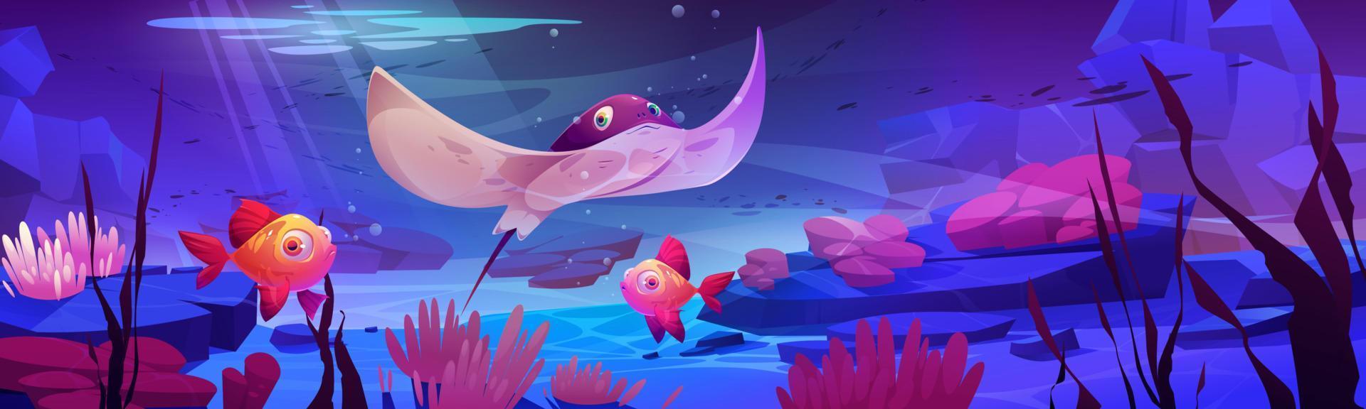 Cute stingray and tropical fishes at coral reef vector