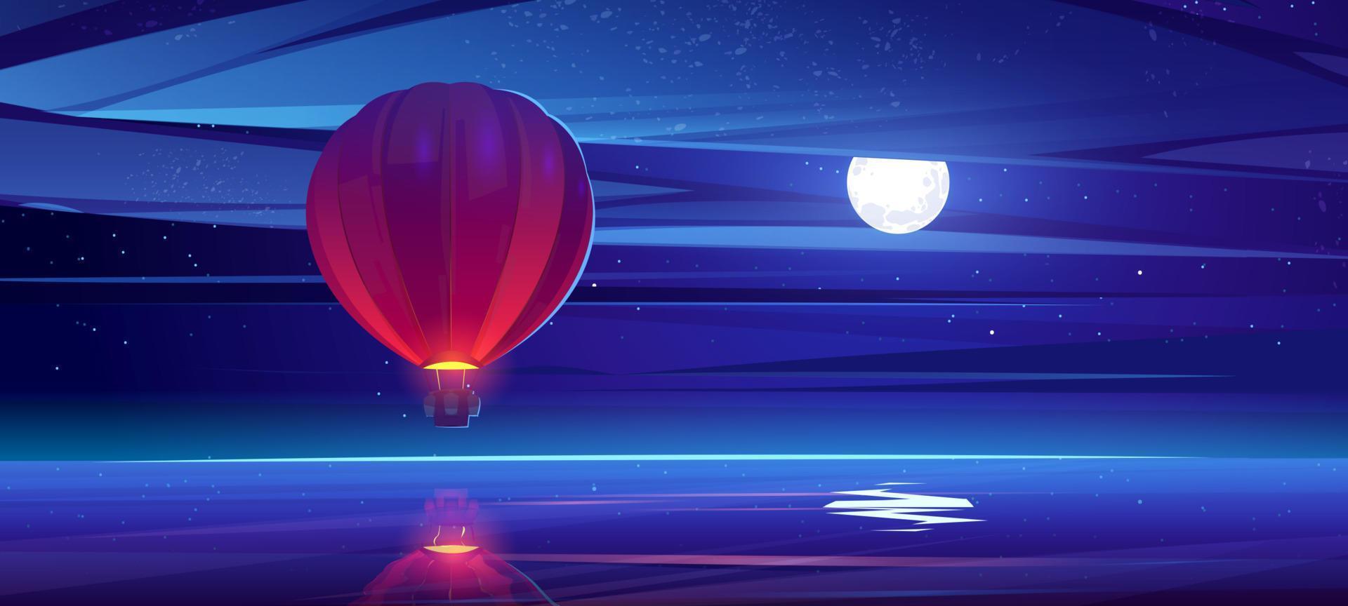 globo aerostático volando sobre el agua del mar en el cielo nocturno vector