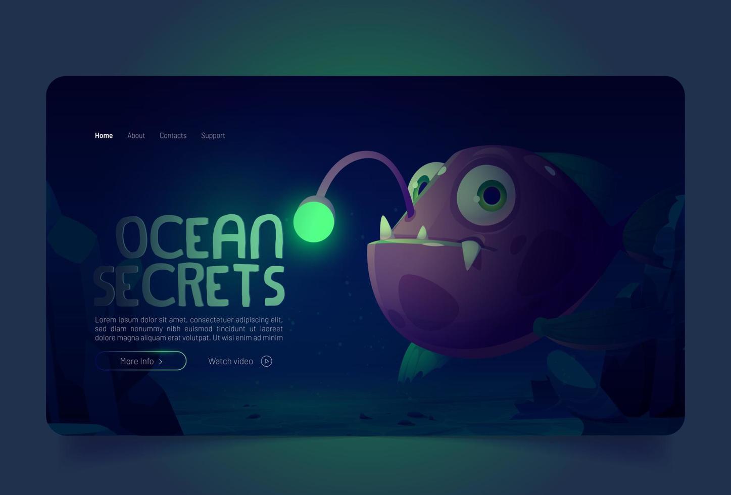 Ocean secrets banner with angler fish on bottom vector