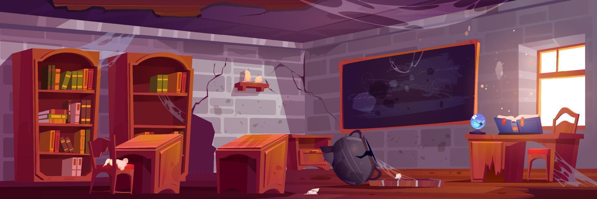 Abandoned magic school, empty classroom interior vector