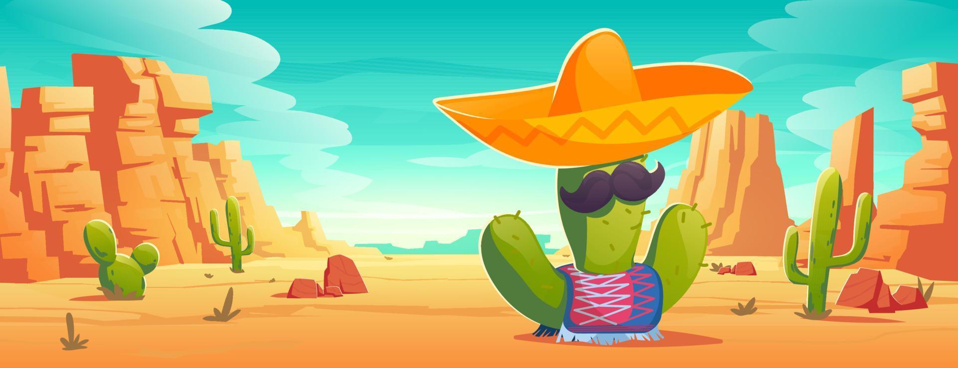 cactus mexicano con bigotes en sombrero, poncho vector