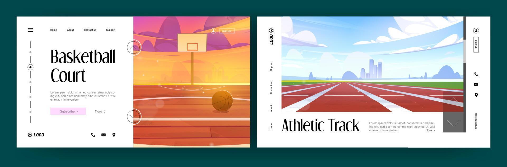 cancha de baloncesto y pancartas de atletismo vector