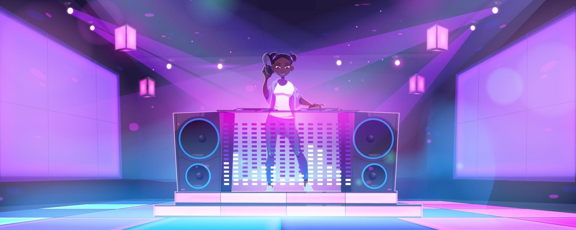 Girl dj in nightclub with mixer console vector