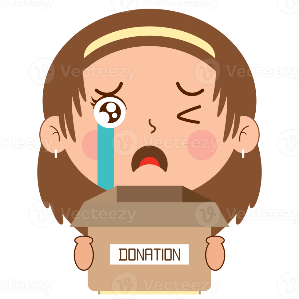 niña llorando cara sosteniendo caja de donación caricatura linda png