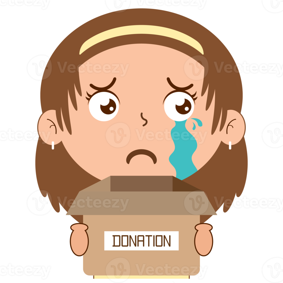 flicka gråt ansikte innehav låda av donation tecknad serie söt png