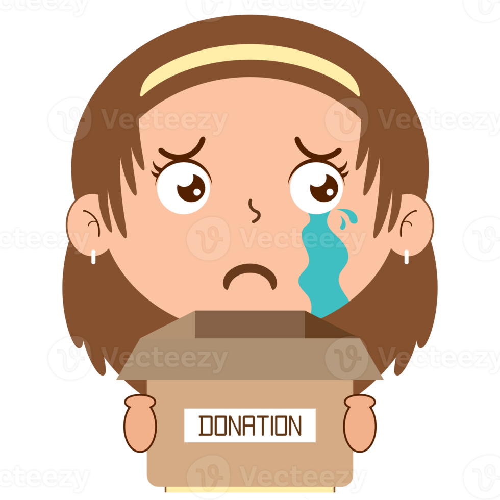 niña llorando cara sosteniendo caja de donación caricatura linda png