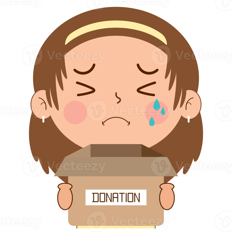 girl crying face holding box of donation cartoon cute png