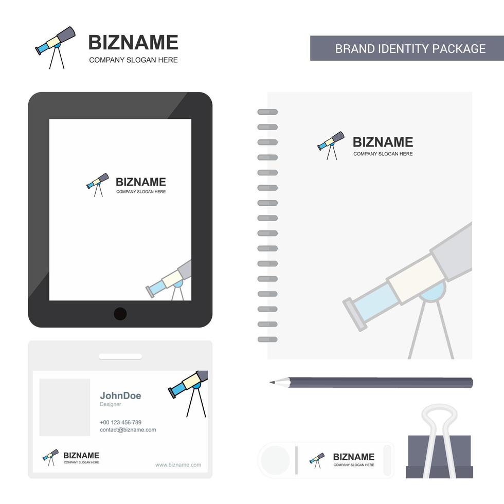 Telescope Business Logo Tab App Diary PVC Employee Card and USB Brand Stationary Package Design Vector Template
