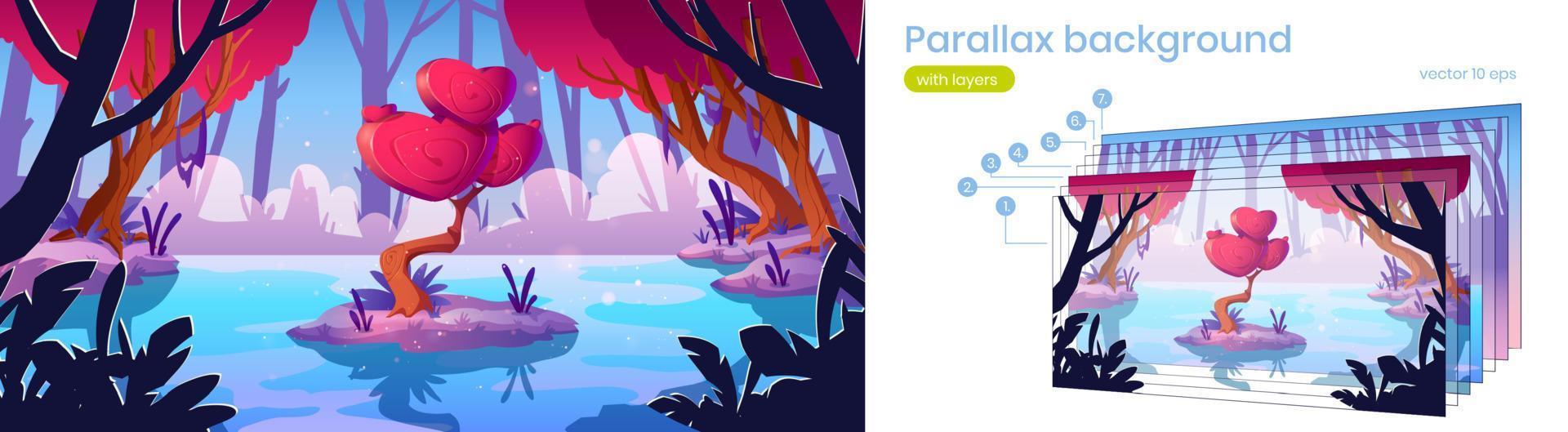 fondo de paralaje con árbol inusual de fantasía vector