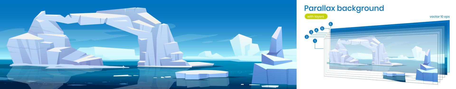 Parallax background arctic 2d landscape, iceberg vector