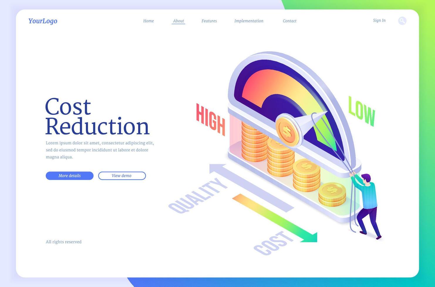 Cost reduction isometric landing page, business vector