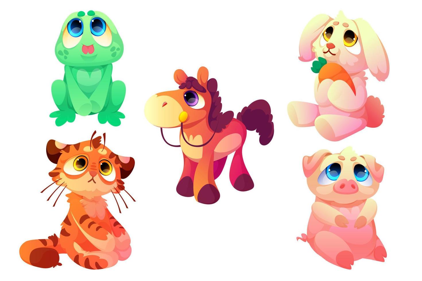 Plush toys, funny soft frog, horse, tiger, bunny vector