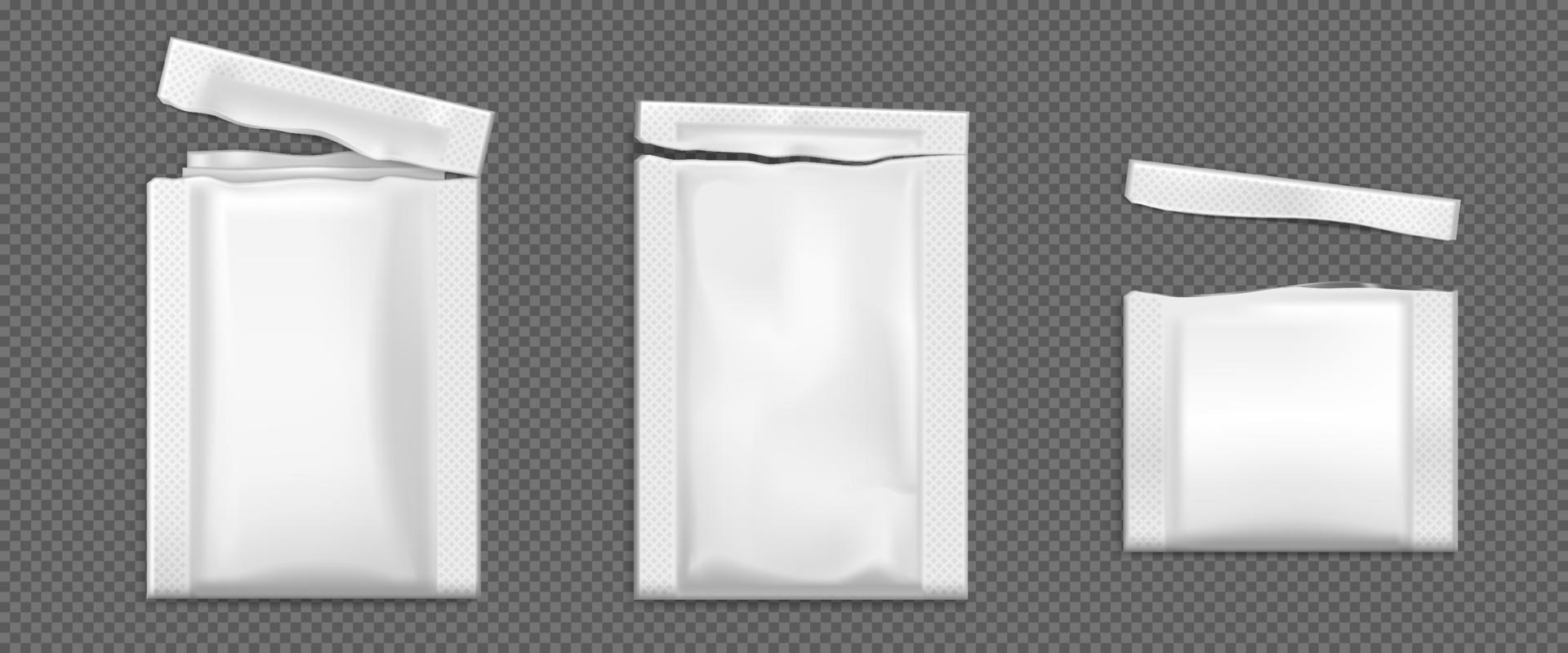 Open sachet, pouch vector bags mockup, torn wipes