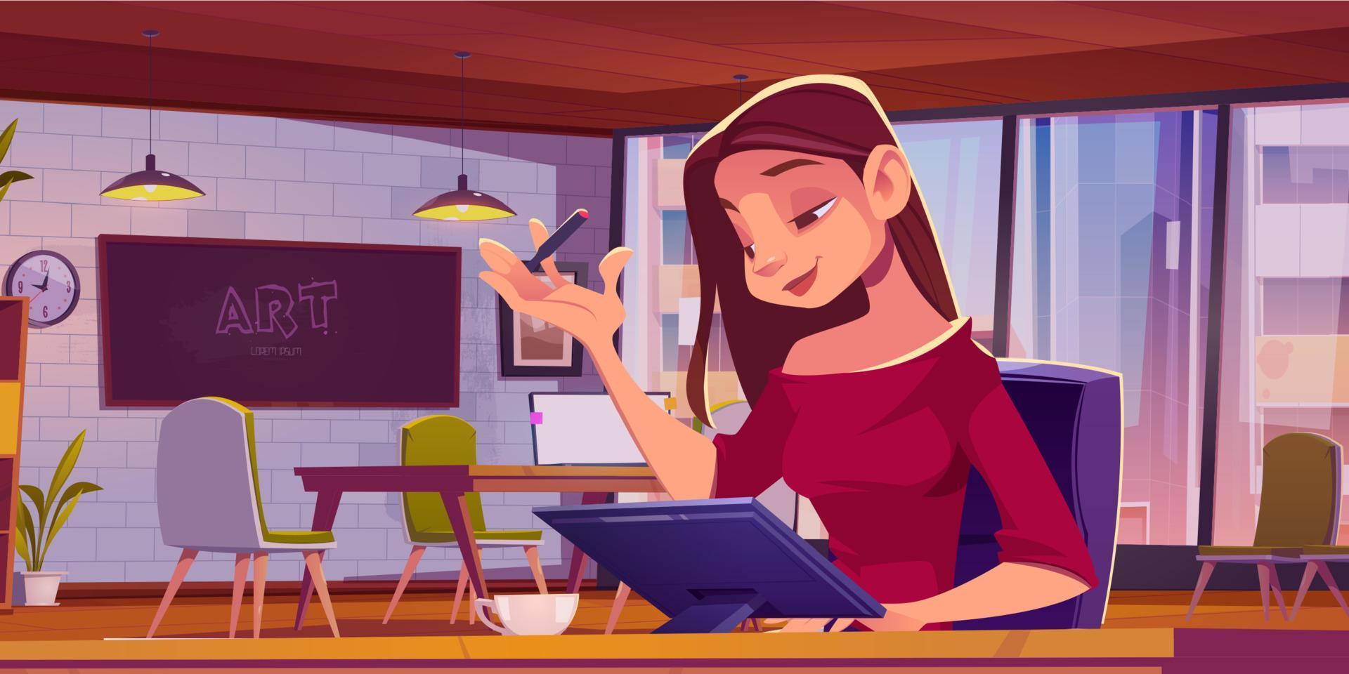 Girl with digital tablet works in coworking office vector