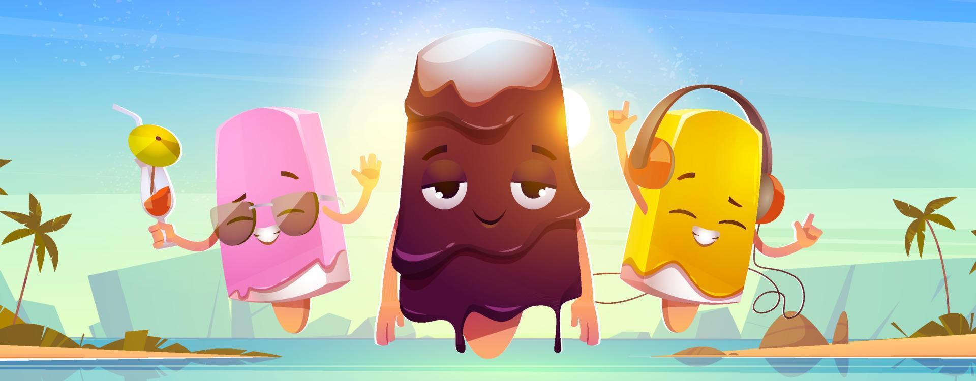 personajes de helados en la playa de mar de verano, paleta vector