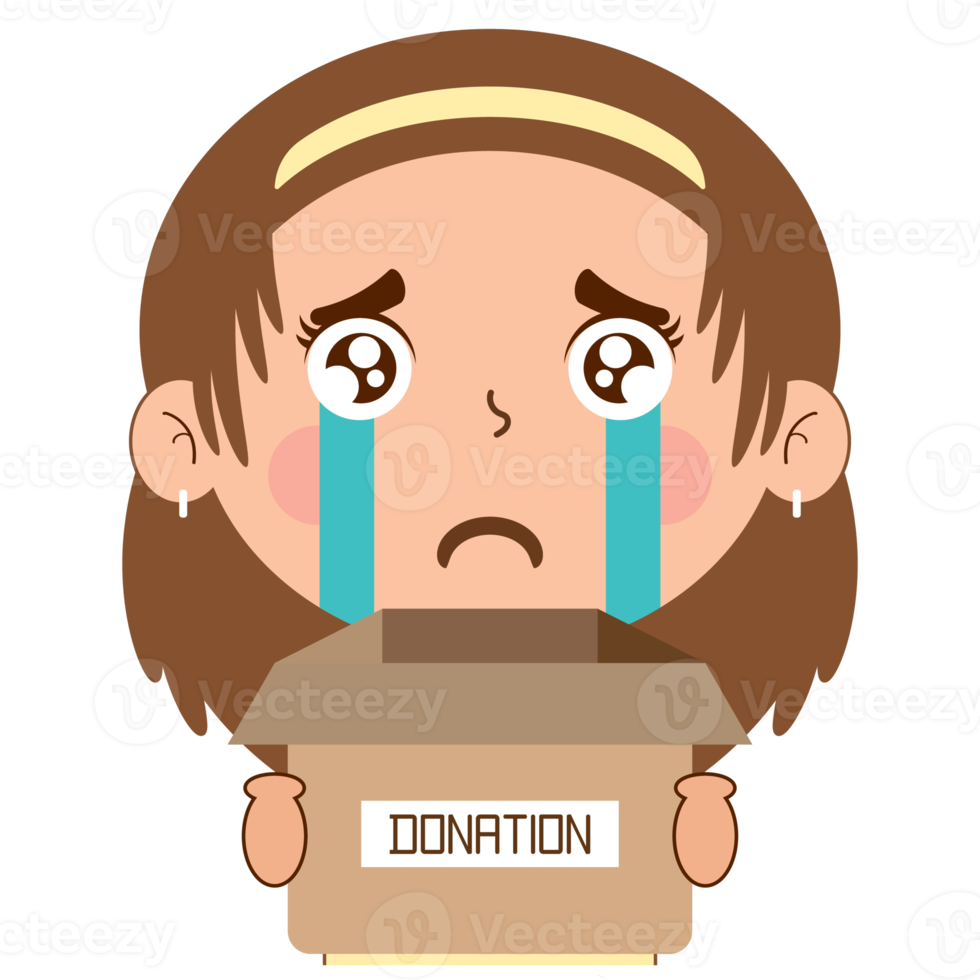 girl crying face holding box of donation cartoon cute png