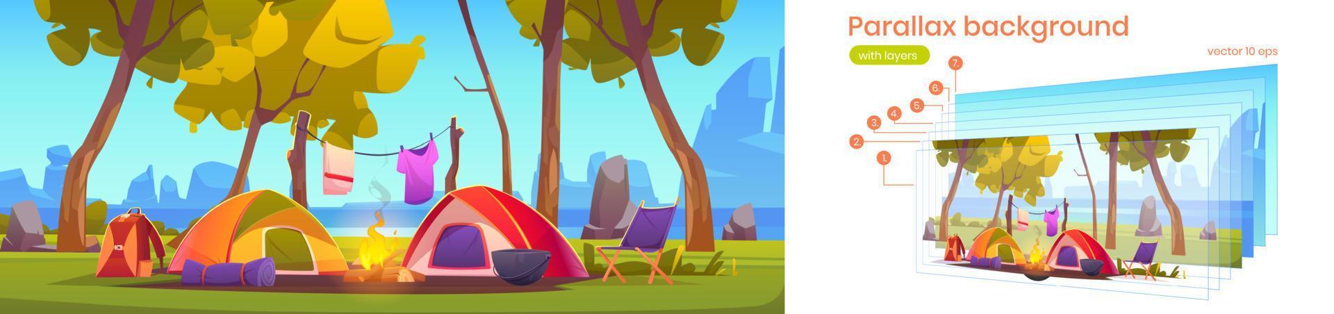 Parallax background with camp on river shore vector