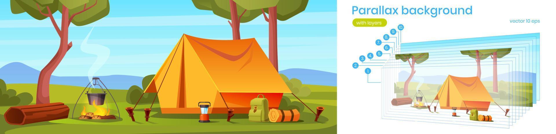 Parallax background camping tent and tourist stuff vector