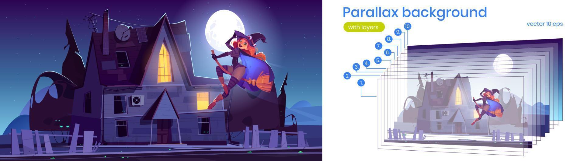 Parallax background with flying witch and house vector
