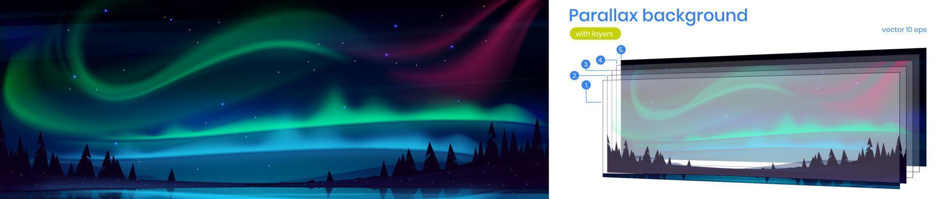 paralaje fondo ártico aurora boreal noche vector