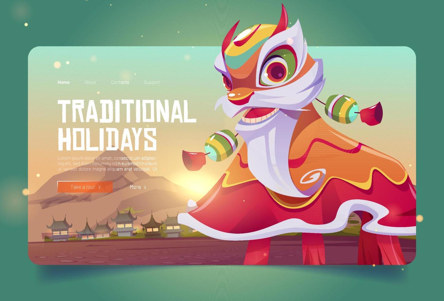 banner de vacaciones tradicionales con león chino vector