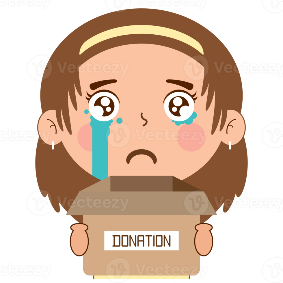 girl crying face holding box of donation cartoon cute png