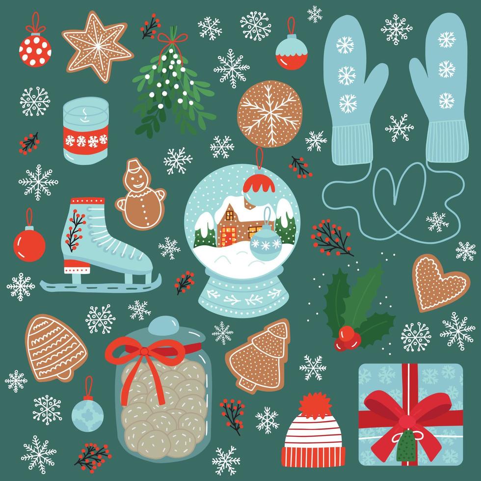 Christmas stickers vector set. Vector set of Christmas elements, snow ball with house, ginger cookies, mittens, ice skates, gift box and mistletoe