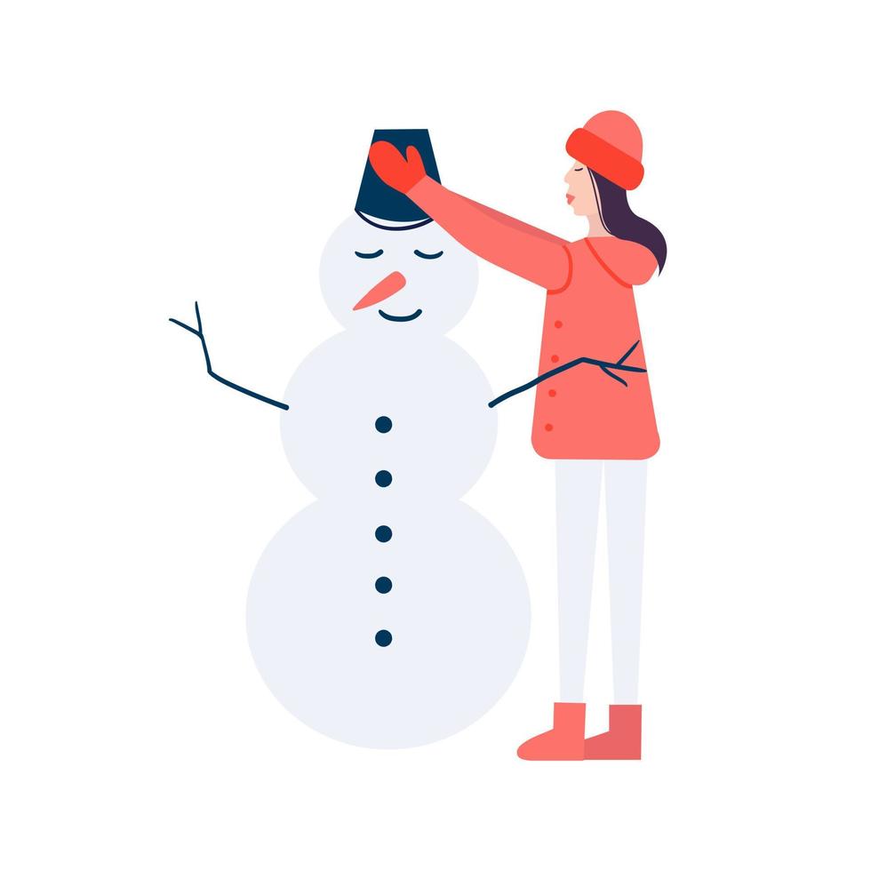 Woman making snowman in winterlandscape. Winter outdoor activity. Vector stock illustration