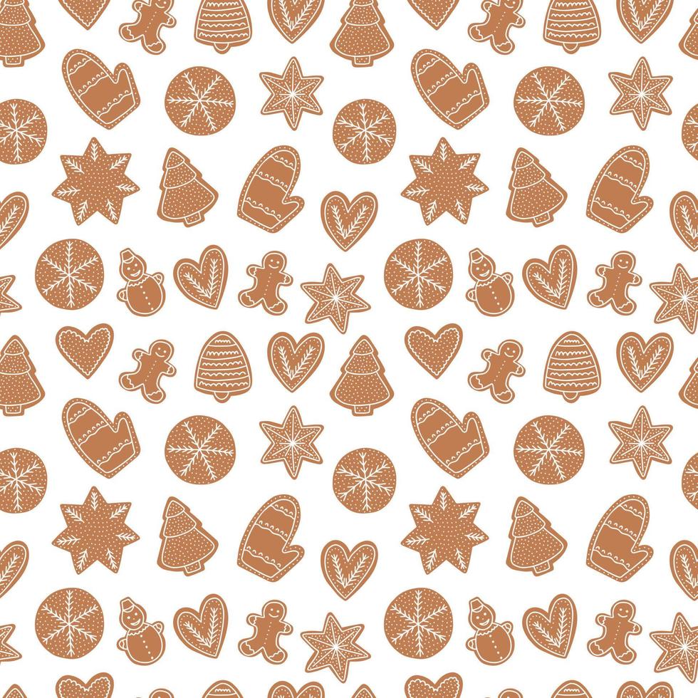 Christmas ginger cookie seamless pattern. Vector gingerbread cookies with white icing pattern on white background.