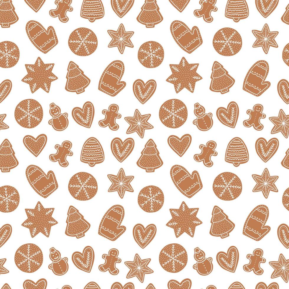 galleta de jengibre de navidad de patrones sin fisuras. galletas de pan de jengibre vectoriales con patrón de glaseado blanco sobre fondo blanco. vector