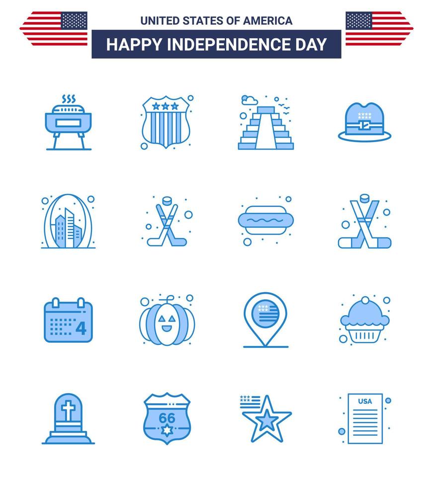 Happy Independence Day 16 Blues Icon Pack for Web and Print landmark building building arch cap Editable USA Day Vector Design Elements