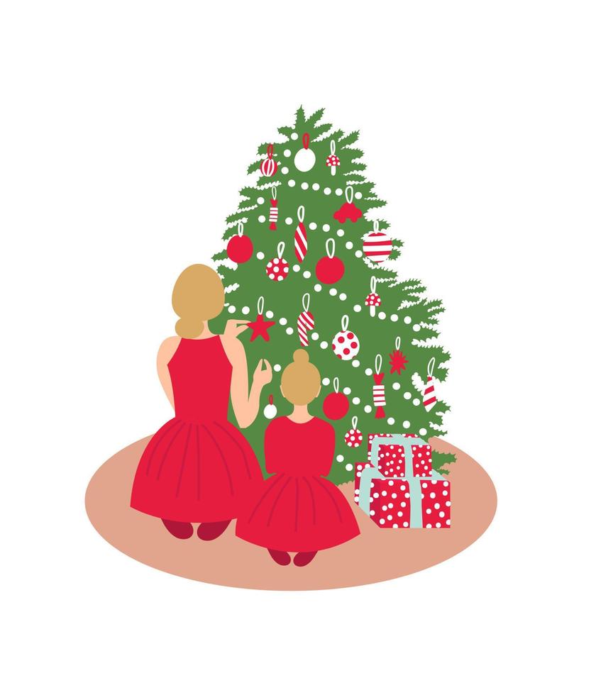 Mother and daughter sitting and decorating Christmas tree. Pastel pink colors. Christmas greeting card vector. Cartoon vector illustration.